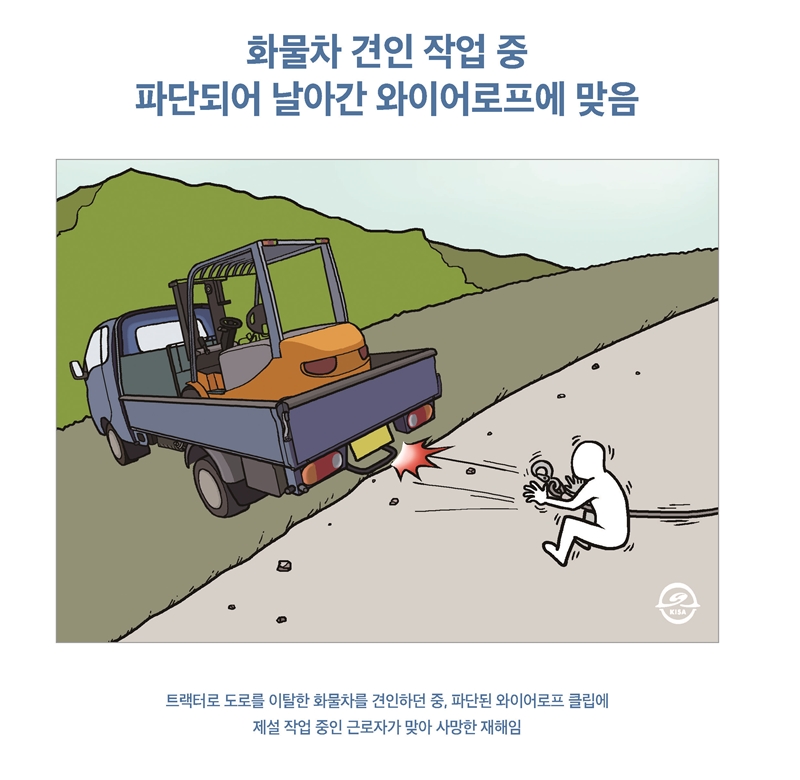 화물차 견인 작업 중 파단되어 날아간 와이어로프에 맞음