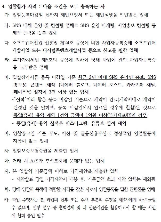 4. 입찰참가 자격 : 다음 조건을 모두 충족하는 자 가. 입찰등록마감일 전까지 제안요청서 또는 제안설명을 확인받은 업체 나. SNS 매체 운영 및 컨설팅 업체로 SNS 운영 마케팅, 사업홍보 컨설팅 등 제반 능력을 갖춘 업체 다. 소프트웨어산업 진흥법 제24조 규정에 의한 사업자등록증에 소프트웨어 개발사업 또는 디지털콘텐츠개발사업 등으로 신고를 필한 업체 라. 부가가치세법 제5조의 규정에 의하여 당해 사업에 관한 사업자등록증 을 교부받은 업체 마. 입찰참가서류 등록 마감일 기준 최근 2년 이내 SNS 온라인 홍보, SNS 홍보용 콘텐츠 제작 (네이버 블로그, 네이버 포스트, 카카오톡 채널, 페이스북) 실적이 3건 이상 있는 업체 -“실적”이라 함은 등록 마감일 기준으로 계약이 완료(계약서대로 계약이 완성된 것을 말하며, 등록 마감일까지 완료된 경우에 한함)된 것으로 동일(유사) 용역 계약 1건의 금액이 1억원 이상(부가세포함)인 경우 - 동일(유사) 용역 실적은 인스타그램, 유튜브 실적 제외 바. 입찰공고일 기준 부도, 파산 및 금융신용부실로 정상적인 영업활동에 지장이 없는 업체 사. 입찰보증보험증권을 제출한 업체 아. 거래 시 A/S와 후속조치에 문제가 없는 업체 자. 본 입찰의 기준금액 이하로 가격제안을 제출한 업체 - 제안발표 당일 가격제안서 개봉 후, 기준금액 초과 제안 업체는 제외됨 차. 당해 입찰의 목적에 적합한 자격을 갖춘 자로서 입찰등록을 필한 관련전문 업체 카. 과업 수행자는 본 과업의 전부 또는 주요 부분의 수행을 제3자에게 하·도급할 수 없으며, 일부 업무 중 협력업체 및 타 전문기관을 활용하고자 할 때는 사전 에 협회 승인 필수 