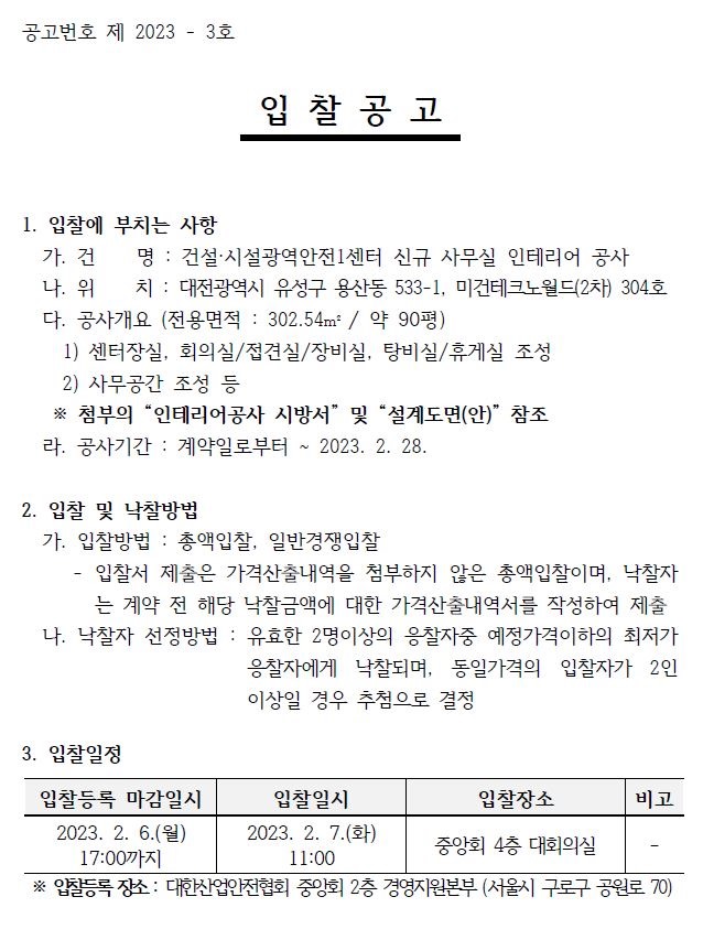 공고번호 제 2023 - 3호  입 찰 공 고  1. 입찰에 부치는 사항  가. 건 명 : 건설·시설광역안전1센터 신규 사무실 인테리어 공사   나. 위 치 : 대전광역시 유성구 용산동 533-1, 미건테크노월드(2차) 304호  다. 공사개요 (전용면적 : 302.54m² / 약 90평)   1) 센터장실, 회의실/접견실/장비실, 탕비실/휴게실 조성   2) 사무공간 조성 등    ※ 첨부의 인테리어공사 시방서 및 설계도면(안) 참조   라. 공사기간 : 계약일로부터 ~ 2023. 2. 28.  2. 입찰 및 낙찰방법   가. 입찰방법 : 총액입찰, 일반경쟁입찰   - 입찰서 제출은 가격산출내역을 첨부하지 않은 총액입찰이며, 낙찰자는 계약 전 해당 낙찰금액에 대한 가격산출내역서를 작성하여 제출  나. 낙찰자 선정방법 : 유효한 2명이상의 응찰자중 예정가격이하의 최저가  응찰자에게 낙찰되며, 동일가격의 입찰자가 2인   이상일 경우 추첨으로 결정  3. 입찰일정  입찰등록 마감일시 2023. 2. 6.(월) 17:00까지  입찰일시 2023. 2. 7.(화) 11:00 입찰장소 중앙회 4층 대회의실 비고 ※ 입찰등록 장소 : 대한산업안전협회 중앙회 2층 경영지원본부 (서울시 구로구 공원로 70)