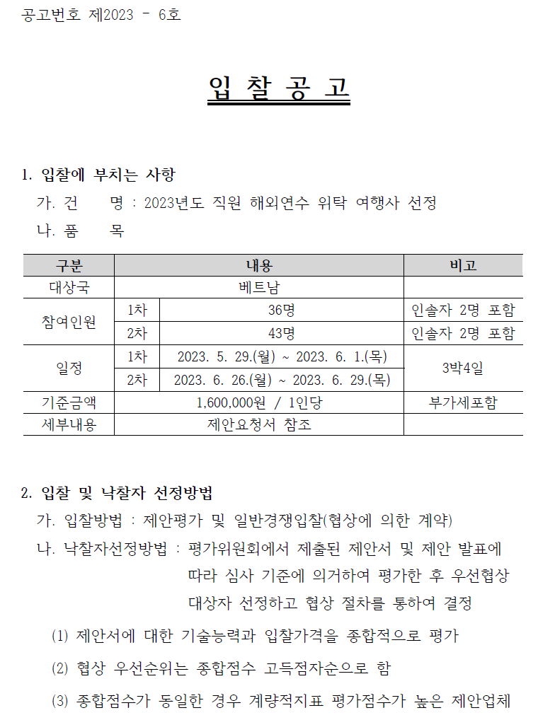 공고번호 제2023 – 6호입 찰 공 고1. 입찰에 부치는 사항가. 건 명 : 2023년도 직원 해외연수 위탁 여행사 선정나. 품 목구분 대상국 내용 베트남 비고참여인원 1차 36명 인솔자 2명 포함2차 43명 인솔자 2명 포함일정 1차 2023. 5. 29.(월) ~ 2023. 6. 1.(목) 3박4일2차 2023. 6. 26.(월) ~ 2023. 6. 29.(목) 3박4일기준금액 1,600,000원 / 1인당 부가세포함세부내용 제안요청서 참조2. 입찰 및 낙찰자 선정방법가. 입찰방법 : 제안평가 및 일반경쟁입찰(협상에 의한 계약)나. 낙찰자선정방법 : 평가위원회에서 제출된 제안서 및 제안 발표에따라 심사 기준에 의거하여 평가한 후 우선협상대상자 선정하고 협상 절차를 통하여 결정(1) 제안서에 대한 기술능력과 입찰가격을 종합적으로 평가(2) 협상 우선순위는 종합점수 고득점자순으로 함(3) 종합점수가 동일한 경우 계량적지표 평가점수가 높은 제안업체