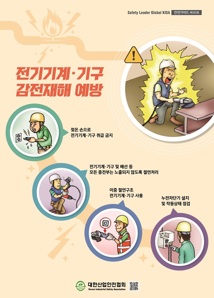 Safety Leader Global KISA 안전가이드 제352호전기기계·기구 감전재해 예방젖은 손으로 전기기계·기구 취급 금지전기기계·기구 및 배선 등 모든 충전부는 노출되지 않도록 절연처리이중 절연구조 전기기계·기구 사용누전차단기 설치 및 작동상태 점검대한산업안전협회Korea Industrial Safety Association