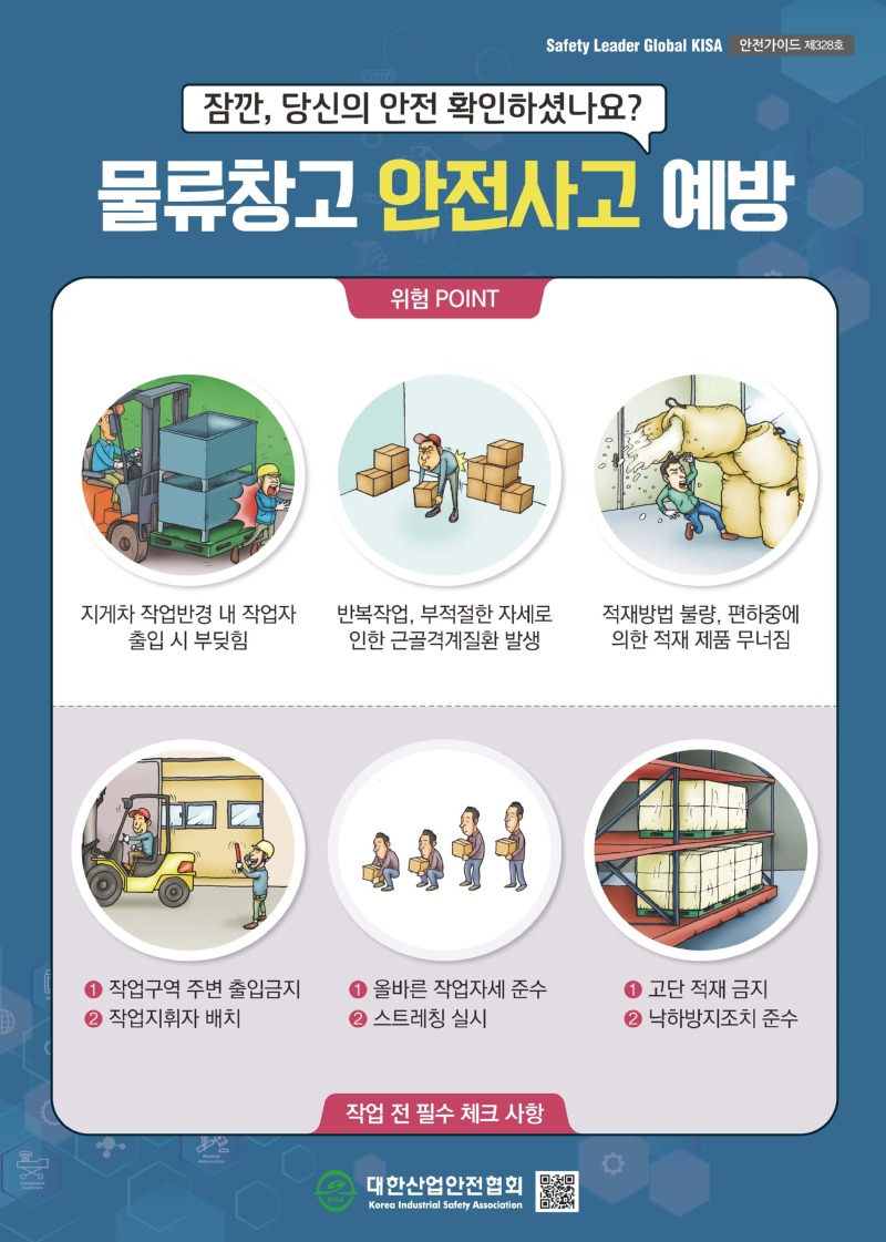 Safety Leader Global KISA 안전가이드 제328호 잠깐, 당신의 안전 확인하셨나요? 물류창고 안전사고 예방 위험 POINT 지게차 작업반경 내 작업자 출입 시 부딪힘 반복작업, 부적절한 자세로 인한 근골격계질환 발생 적재방법 불량, 편하중에 의한 적재 제품 무너짐 1. 작업구역 주변 출입금지 2. 작업지휘자 배치 1. 올바른 작업자세 준수 2. 스트레칭 실시 1. 고단 적재 금지 2. 낙하방지조치 준수 작업 전 필수 체크 사항 대한산업안전협회 Korea Industrial Safety Association