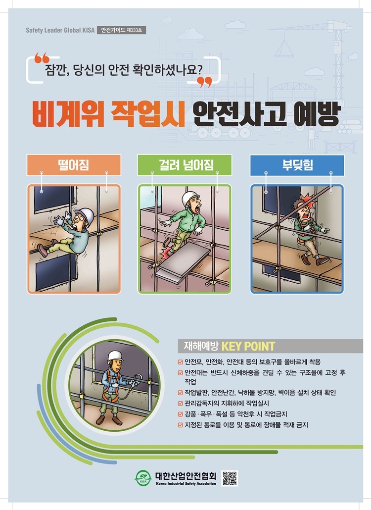 Safety Leader Global KISA 안전가이드 제333호 잠깐, 당신의 안전 확인하셨나요? 비계위 작업시 안전사고 예방 떨어짐 걸려 넘어짐 부딪힘 재해예방 KEY POINT 안전모,안전화, 안전대 등의 보호구를 올바르게 착용 안전대는 반드시 신체하중을 견딜 수 있는 구조물에 고정 후 작업 작업발판, 안전난간, 낙하물방지망, 벽이음 설치 상태 확인 관리감독자의 지휘하에 작업실시 강풍·폭우·폭설 등 악천후 시 작업금지 지정된 통로를 이용 및 통로에 장애물 적재 금지 대한산업안전협회 Korea Industrial Safety Association