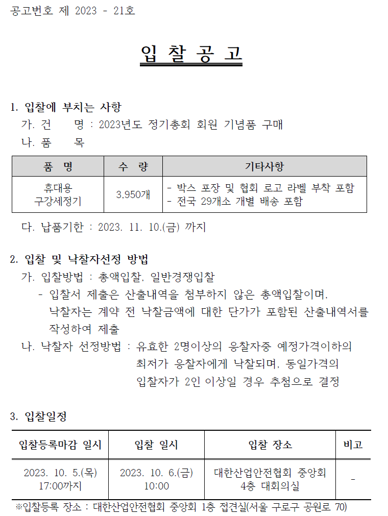 공고번호 제 2023 - 21호입 찰 공 고1. 입찰에 부치는 사항가. 건 명 : 2023년도 정기총회 회원 기념품 구매나. 품 목품 명 휴대용 구강세정기수 량 3,950개기타사항- 박스 포장 및 협회 로고 라벨 부착 포함- 전국 29개소 개별 배송 포함다. 납품기한 : 2023. 11. 10.(금) 까지2. 입찰 및 낙찰자선정 방법가. 입찰방법 : 총액입찰, 일반경쟁입찰- 입찰서 제출은 산출내역을 첨부하지 않은 총액입찰이며,낙찰자는 계약 전 낙찰금액에 대한 단가가 포함된 산출내역서를작성하여 제출나. 낙찰자 선정방법 : 유효한 2명이상의 응찰자중 예정가격이하의최저가 응찰자에게 낙찰되며, 동일가격의입찰자가 2인 이상일 경우 추첨으로 결정3. 입찰일정입찰등록마감 일시 2023. 10. 5.(목) 17:00까지입찰 일시 2023. 10. 6.(금) 10:00입찰 장소 대한산업안전협회 중앙회 4층 대회의실비고※입찰등록 장소 : 대한산업안전협회 중앙회 1층 접견실(서울 구로구 공원로 70) 