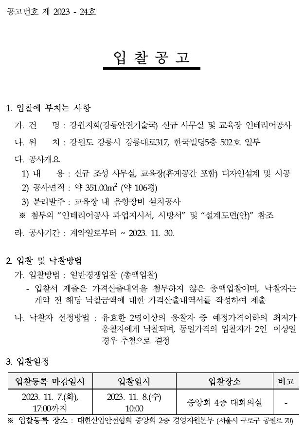 공고번호 제 2023 - 24호입 찰 공 고1. 입찰에 부치는 사항가. 건 명 : 강원지회(강릉안전기술국) 신규 사무실 및 교육장 인테리어공사나. 위 치 : 강원도 강릉시 강릉대로317, 한국빌딩5층 502호 일부다. 공사개요1) 내 용 : 신규 조성 사무실, 교육장(휴게공간 포함) 디자인설계 및 시공2) 공사면적 : 약 351.00m2 (약 106평)3) 분리발주 : 교육장 내 음향장비 설치공사※ 첨부의 인테리어공사 과업지시서, 시방서 및 설계도면(안) 참조라. 공사기간 : 계약일로부터 ~ 2023. 11. 30.2. 입찰 및 낙찰방법가. 입찰방법 : 일반경쟁입찰 (총액입찰)입찰서 제출은 가격산출내역을 첨부하지 않은 총액입찰이며, 낙찰자는계약 전 해당 낙찰금액에 대한 가격산출내역서를 작성하여 제출나. 낙찰자 선정방법 : 유효한 2명이상의 응찰자 중 예정가격이하의 최저가응찰자에게 낙찰되며, 동일가격의 입찰자가 2인 이상일경우 추첨으로 결정3. 입찰일정입찰등록 마감일시 2023. 11. 7.(화), 17:00까지입찰일시 2023. 11. 8.(수) 10:00입찰장소중앙회 4층 대회의실비고※ 입찰등록 장소 : 대한산업안전협회 중앙회 2층 경영지원본부 (서울시 구로구 공원로70) 