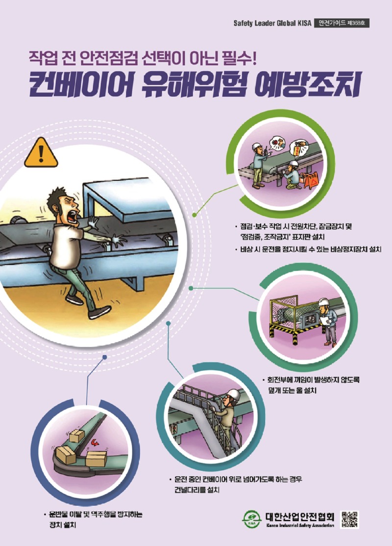 Safety Leader Global KISA 안전가이드 제368호작업 전 안전점검선택이 아닌 필수!컨베이어 유해위험 예방조치점검·보수 작업 시 전원차단, 잠금장치 및점검중, 조작금지표지판 설치비상시 운전을 정지시킬 수 있는 비상정지장치 설치회전부에 끼임이 발생하지 않도록 덮개 또는 울 설치운전 중인 컨베이어 위로 넘어가도록 하는 경우 건널다리를 설치운반물 이탈 및 역주행을 방지하는 장치 설치대한산업안전협회Korea Industrial Safety Association